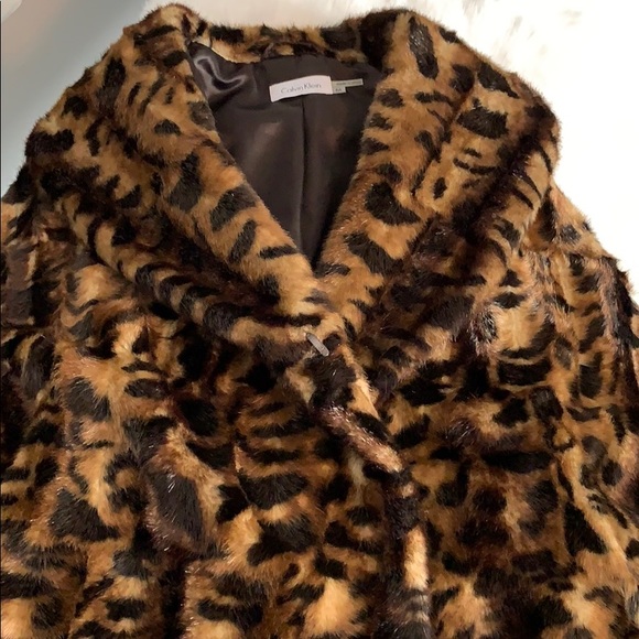 Calvin Klein faux fur leopard brown black coat - Picture 8 of 9